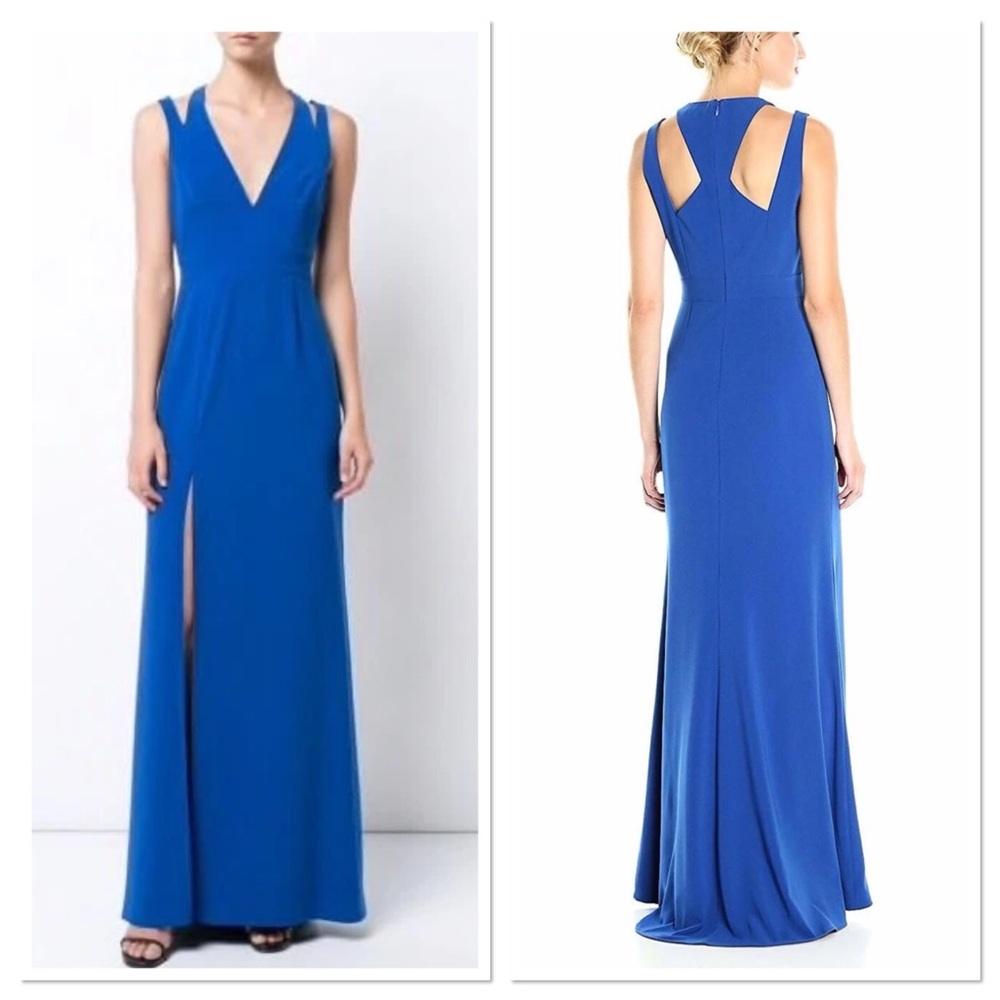 Halston Heritage Evening Gown Cobalt Blue Slit V-Neck Cutout Sz 0